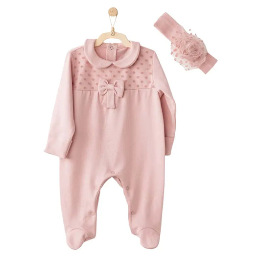 Combinaison bébé avec bandeau – Rose poudré – Nœud élégant - détails en tulle ac26242 - Image 1