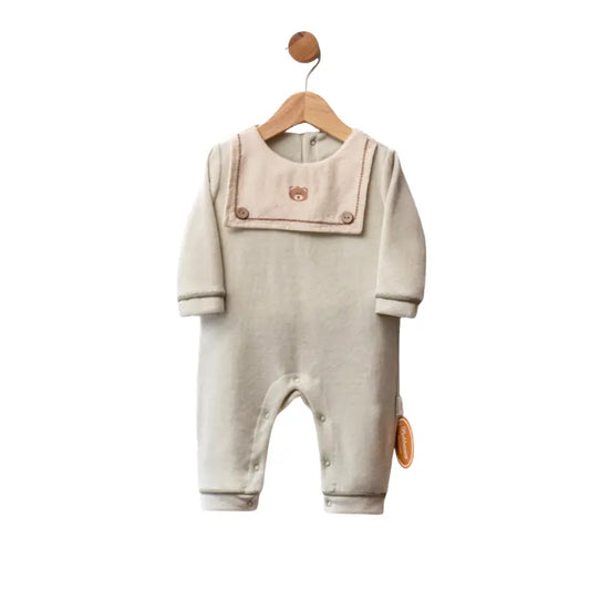 Grenouillère bébé en velours avec col marin et ourson brodé - Image 3