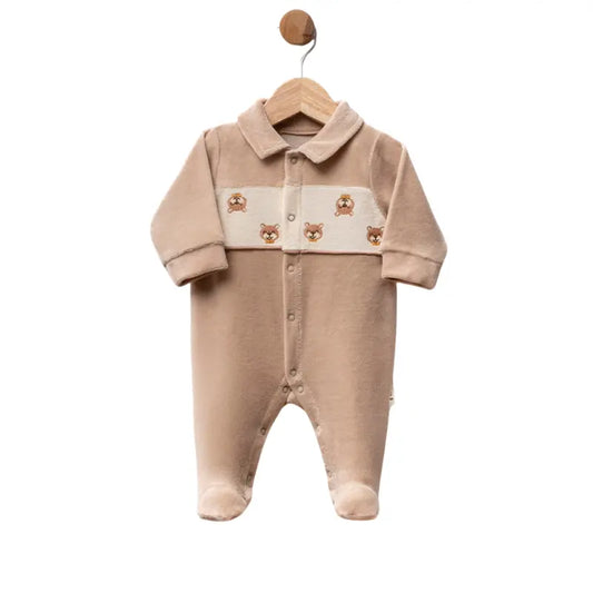 Grenouillère bébé en velours avec oursons brodés - Image 1