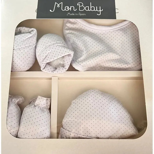 MON BABY Set 4p (Bavoir+Gants+Chaussettes+Bonnet)S4R dots B/beige - Image 1