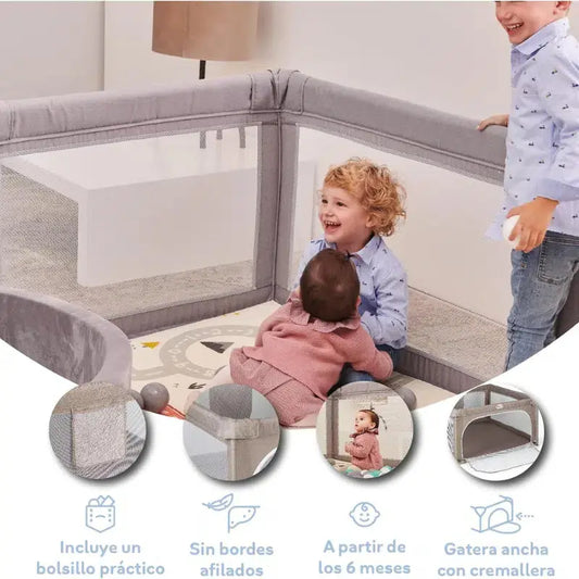 Parc de jeux bébé L 120x120 cm Beige Pliable avec Chatière et Fenêtre en Filet - Image 3