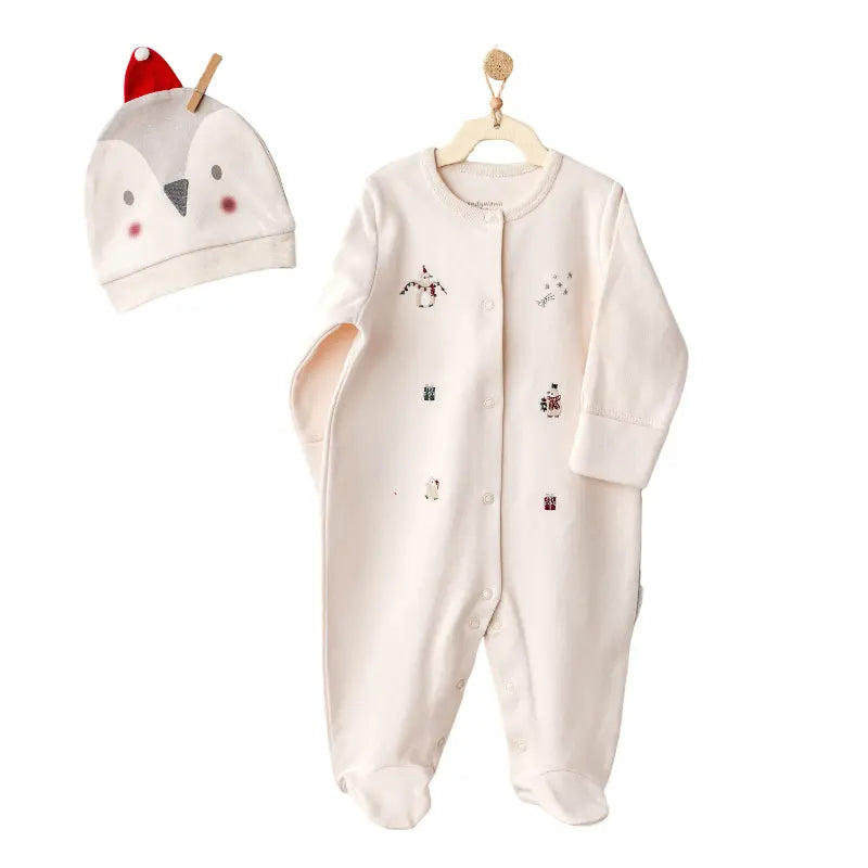 Andywawa Grenouillère et bonnet à imprimé pingouin crème - Image 1
