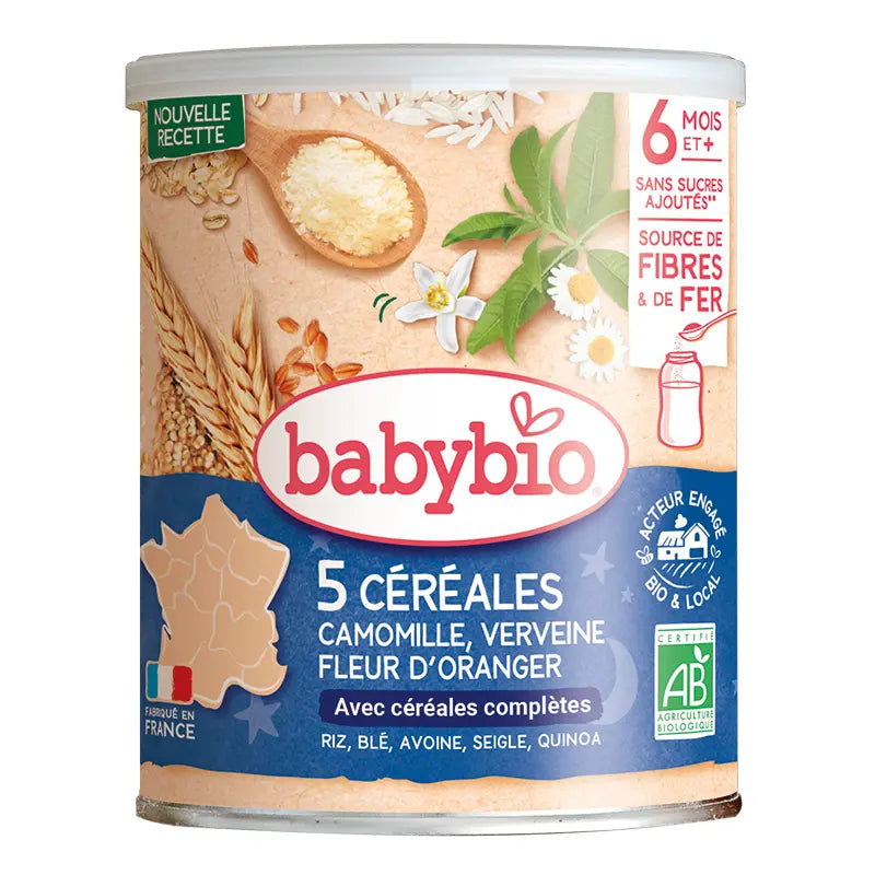 Babybio Mélange 5 céréales avec verveine, fleur d'oranger et camomille bio 6M+ 220g - Image 1