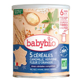 Babybio Mélange 5 céréales avec verveine, fleur d'oranger et camomille bio 6M+ 220g - Image 1