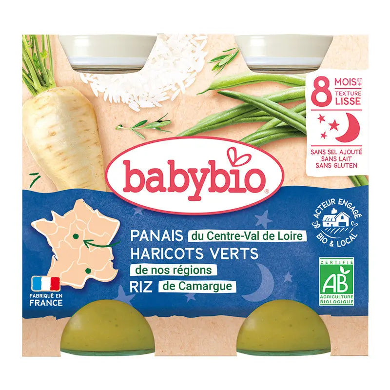 Babybio Panais du Centre-Val de Loire Haricots verts de nos régions Riz de Camargue Petits pots 2x200g - Image 1