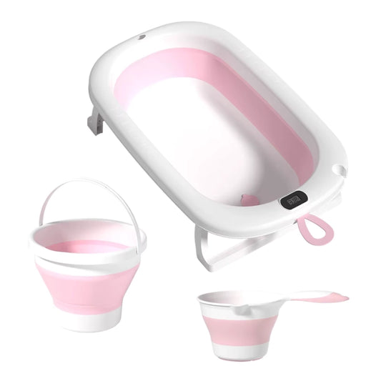 Baignoire Bébé Pliable avec Seau et Gobelet – Kidilo – Rose - Image 1