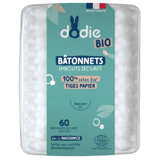 Bâtonnets Embouts Sécurité 100% Coton Bio 60 Bâtonnets - Image 1
