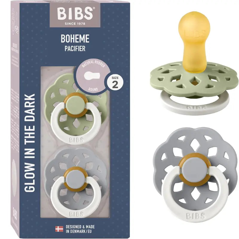 BIBS Lot de 2 Sucettes Bohème Nuit Rondes – Sauge/Nuage - GLOW - Image 1