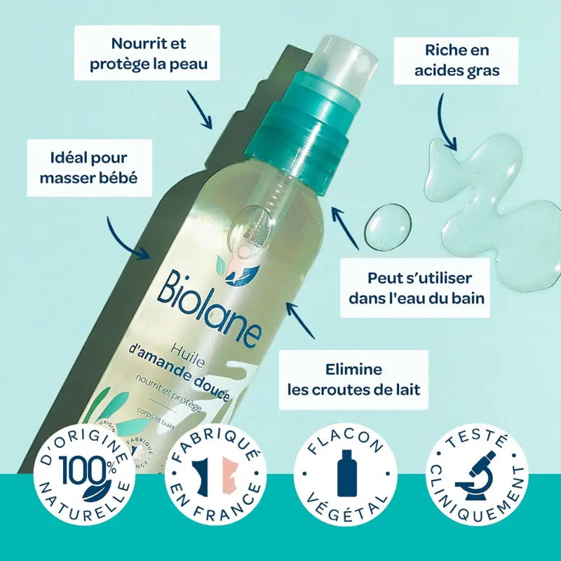 BIOLANE Huile d’Amande Douce Bébé 100ml Hydrate, Nourrit et Protège la Peau Fragile - Image 4