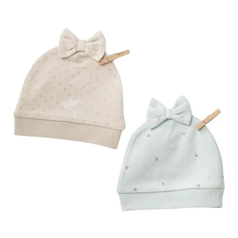 Bonnet Bébé avec Nœud – Lot de 2 – Coton Doux – Beige - Vert Menthe – Andywawa - Image 1