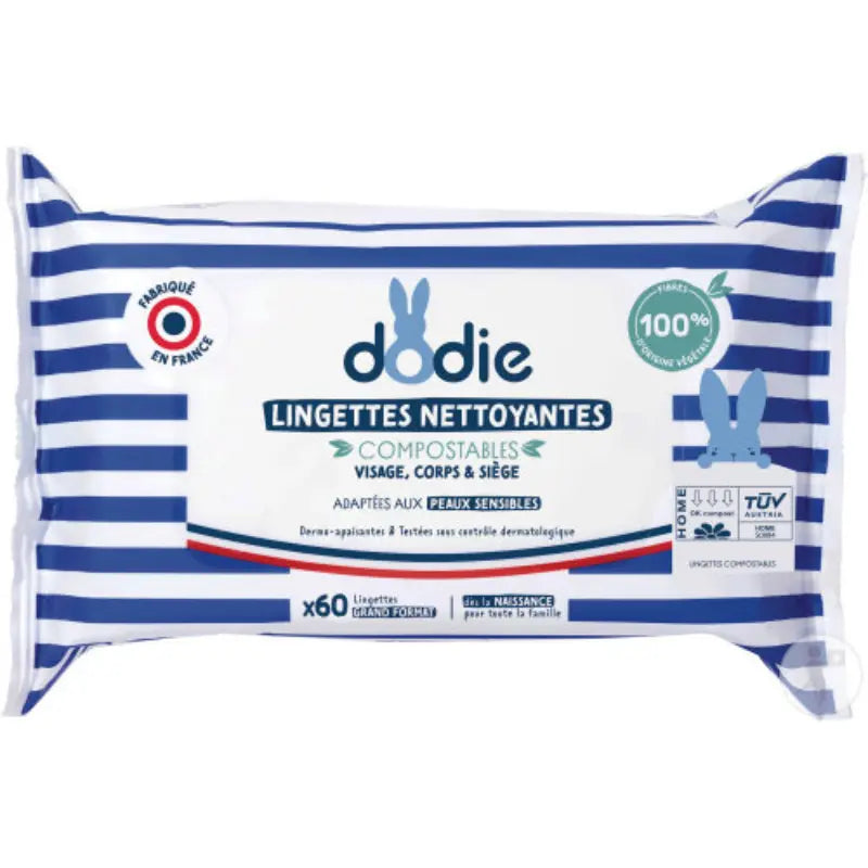 Dodie Lingettes Nettoyantes Compostables 3-En-1 Peaux Sensibles 60 Pièces - Image 1