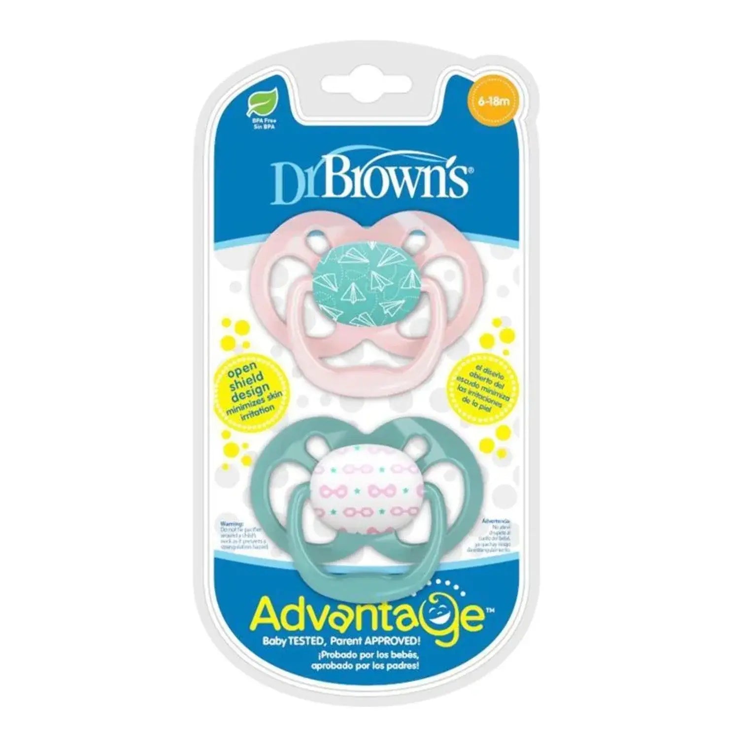 Dr.Brown’s Lot de 2 sucettes Symétriques Advantage Rose/Vert 6-18mois - Image 1