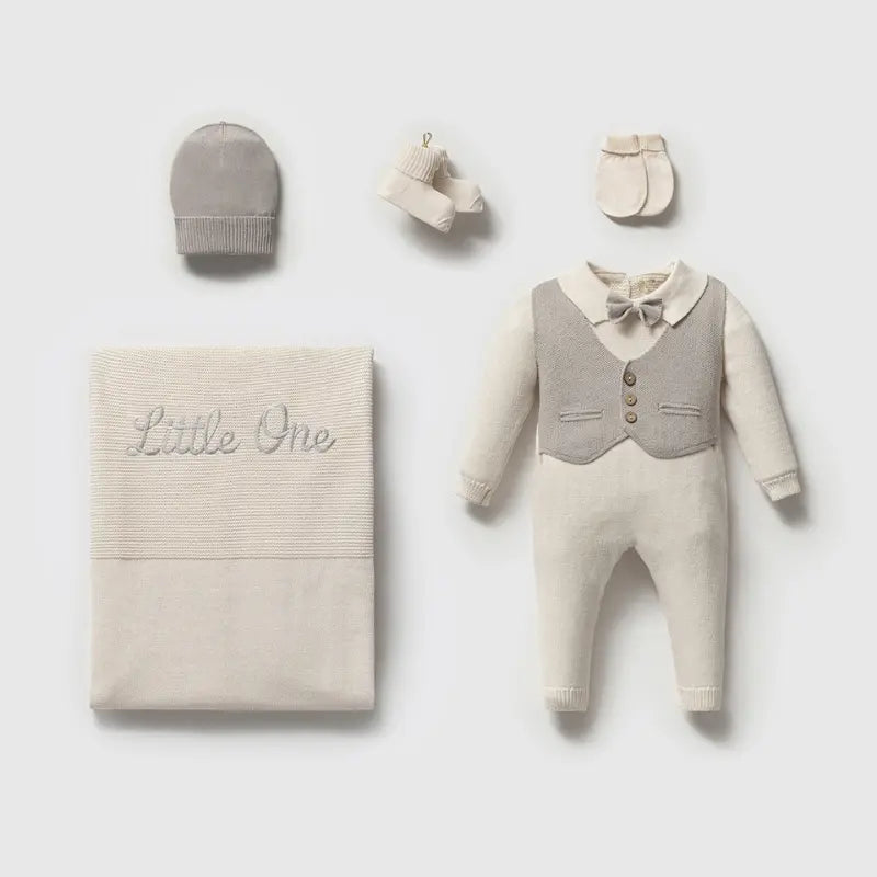 Ensemble Bébé 5 pièces Little One  Gris – Coffret Tricot Élégant Garçon 0 à 3 mois - Image 2