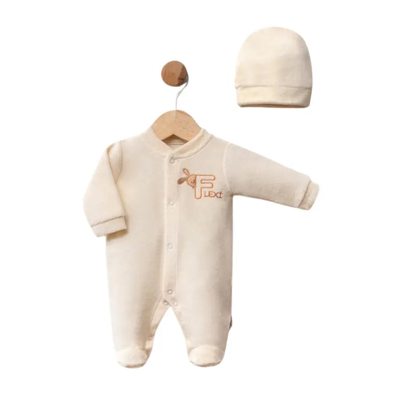 Ensemble grenouillère bébé en velours avec bonnet