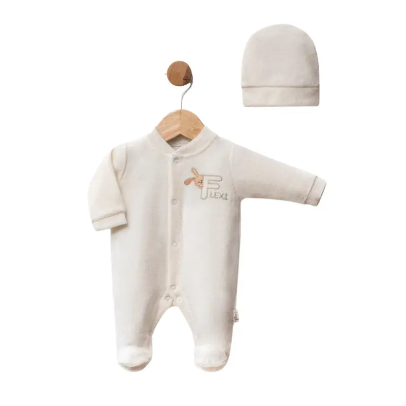 Ensemble grenouillère bébé en velours avec bonnet - Image 1
