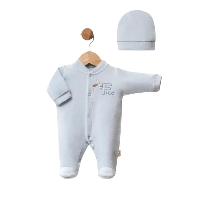 Ensemble grenouillère bébé en velours avec bonnet - Image 2