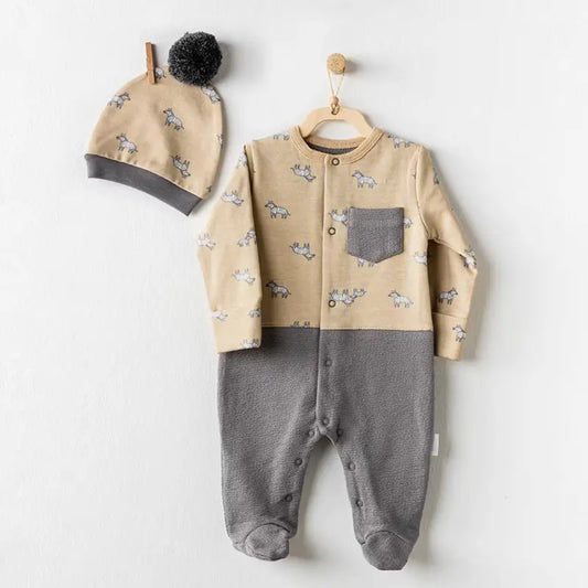 Ensemble salopette et chapeau Petit Zèbre Beige et Gris - Andywawa - Image 1