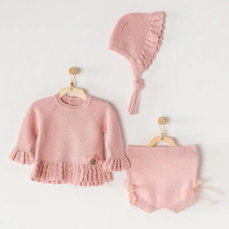 Ensemble tricot 3 pièces pour bébé Andywawa Knitwear AC23200 Rose - Image 1
