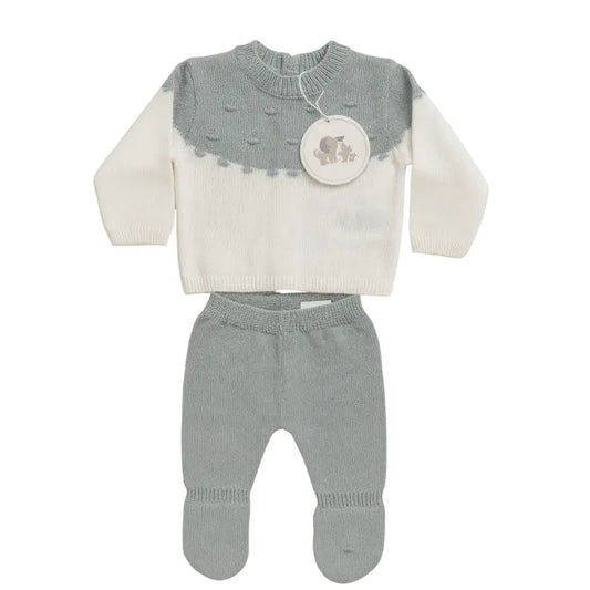 Ensemble tricot bébé deux pièces – Pull bicolore et pantalon à pieds – Mini Yatsi - Image 1