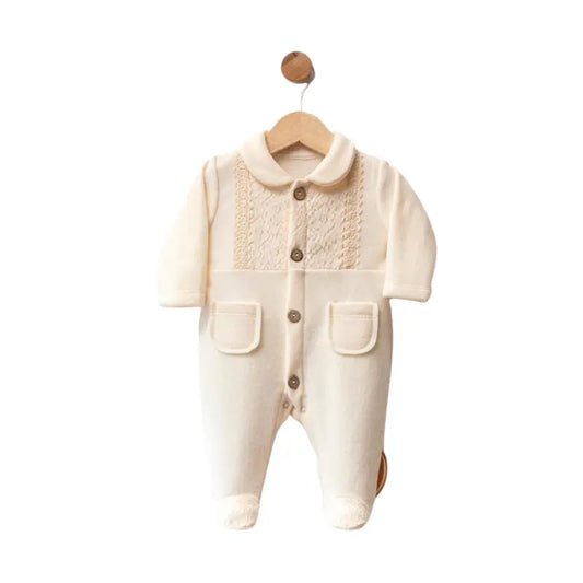 Grenouillère bébé en polaire avec dentelle – Crème - Image 1