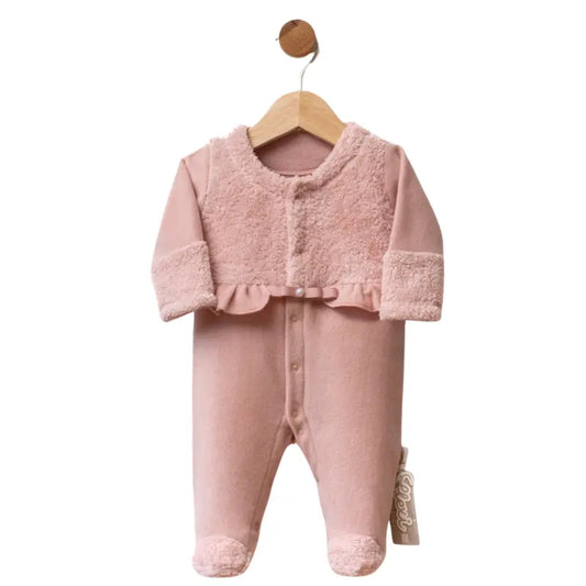 Grenouillère bébé en polaire taupe avec volant et finitions en moumoute - Image 3