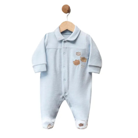 Grenouillère bébé en velours avec broderies d’oursons et détails dorés