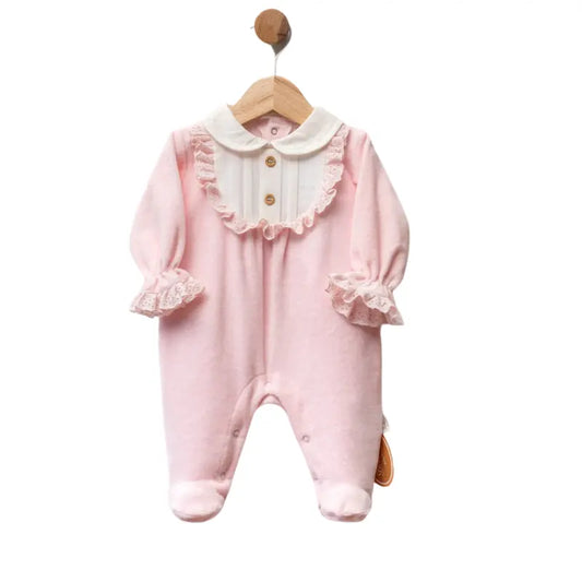 Grenouillère bébé en velours avec col blanc et dentelle