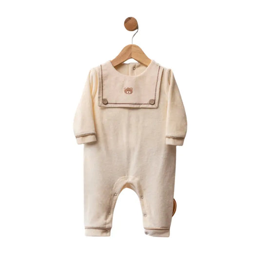 Grenouillère bébé en velours avec col marin et ourson brodé - Image 1