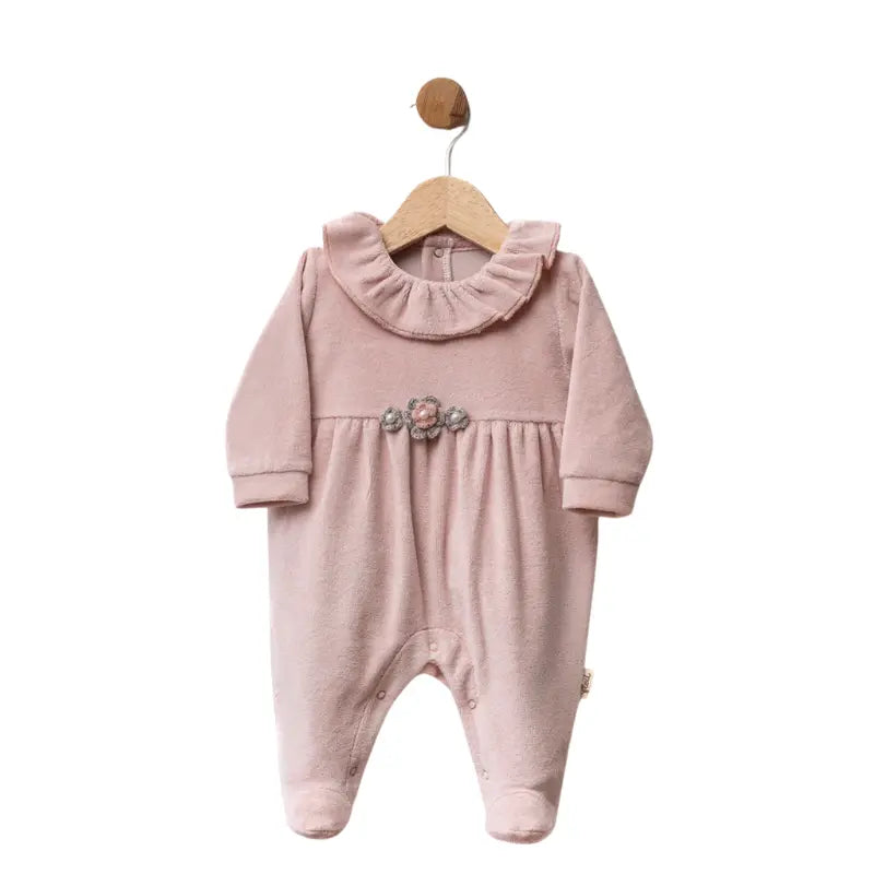 Grenouillère bébé en velours avec col volanté et fleurs décoratives - Image 2