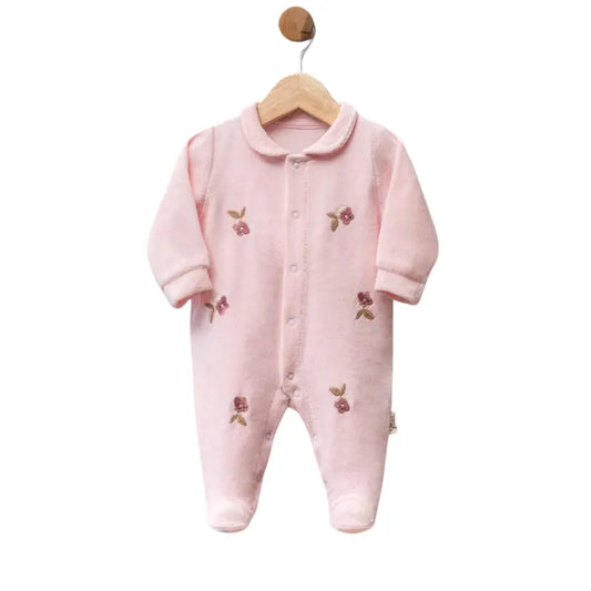 Grenouillère bébé en velours avec fleurs brodées - Image 1