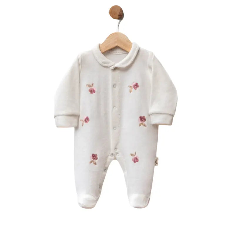 Grenouillère bébé en velours avec fleurs brodées - Image 2