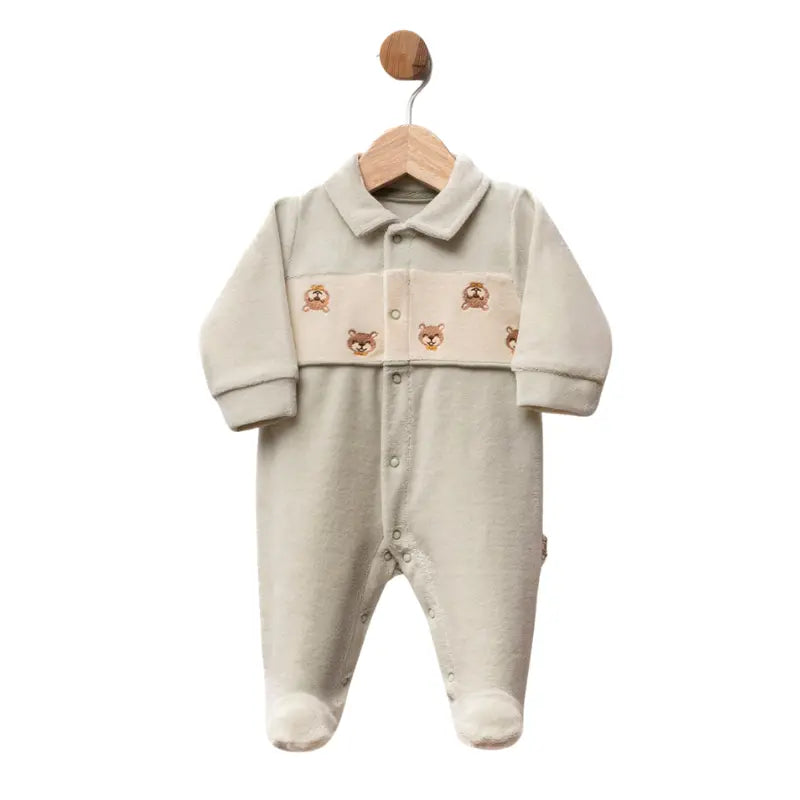 Grenouillère bébé en velours avec oursons brodés