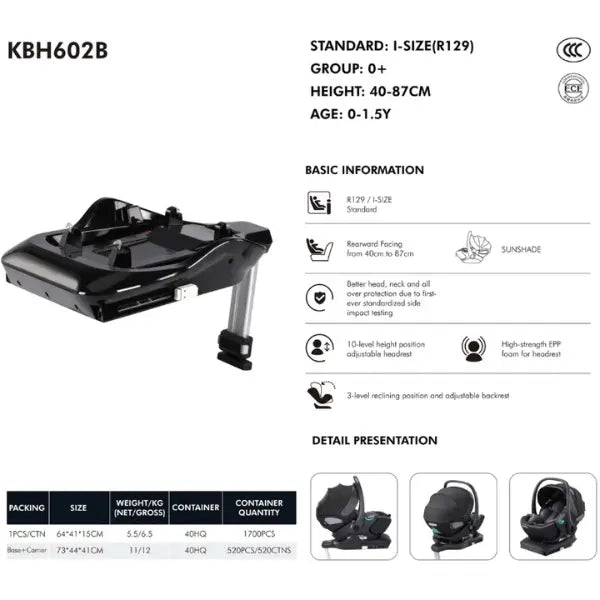 Kidilo Siège Auto Bébé KBH602B – Portable et Inclinable à Plat avec Base Isofix Gris - Image 2