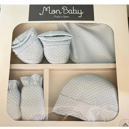 MON BABY Set 4p (Bavoir+Gants+Chaussettes+Bonnet)dots bleu - Image 1