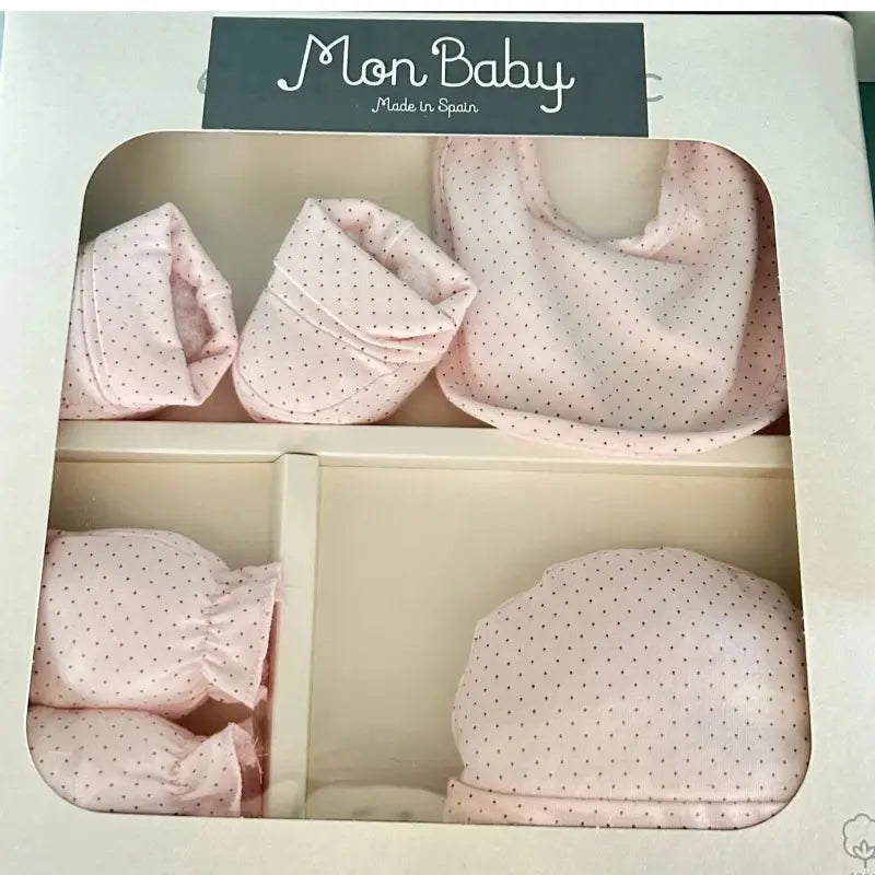 MON BABY Set 4p (Bavoir+Gants+Chaussettes+Bonnet)dots rose - Image 1