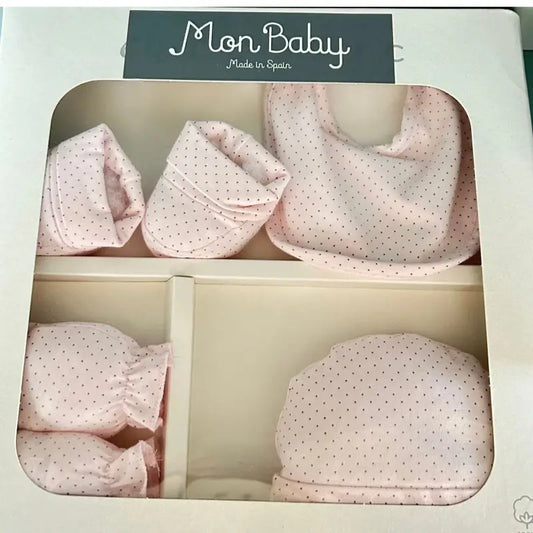 MON BABY Set 4p (Bavoir+Gants+Chaussettes+Bonnet)dots rose - Image 1