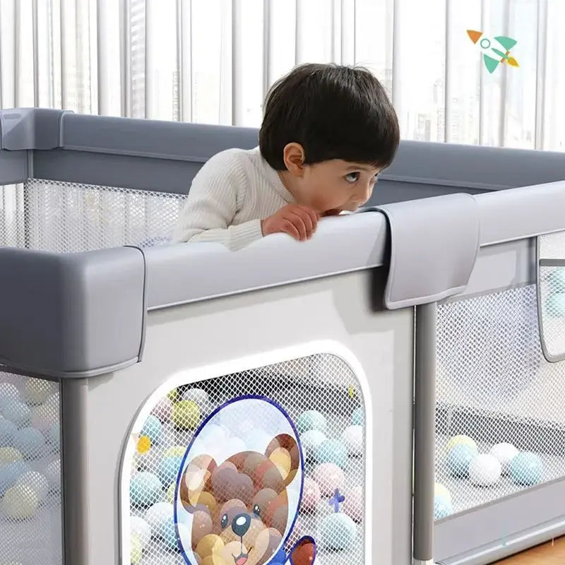 Parc de jeux bébé pliable 200 x 180 x 65 cm Beige avec tapis et balles - Image 4