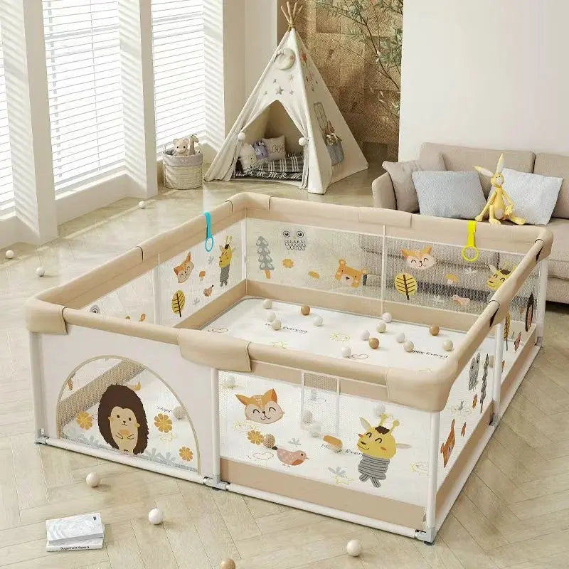 Parc de jeux bébé pliable 200 x 180 x 65 cm Beige avec tapis et balles - Image 8
