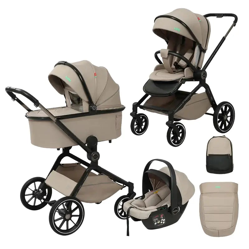 Poussette 3 en 1 Kidilo – Nacelle, Siège Auto et Confort Total dès la Naissance – Biege - Image 1
