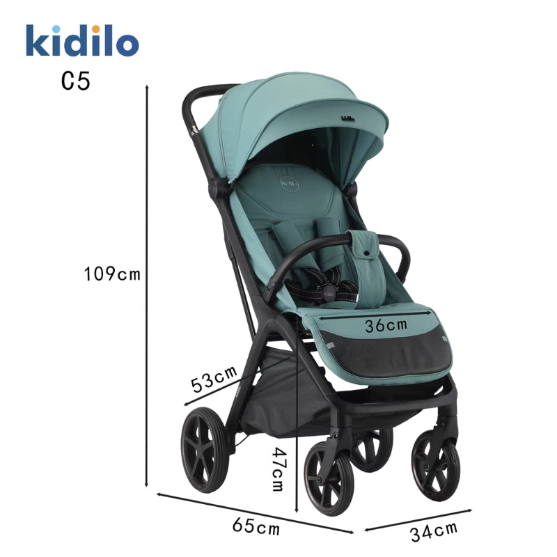 Poussette Bébé Kidilo C5 – Portable, Légère et Pliable – 0 à 3 Ans - Verte - Image 2