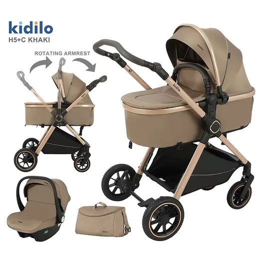 Poussette pour bébé Kidilo 3 en 1 avec siège auto – Beige - Image 1