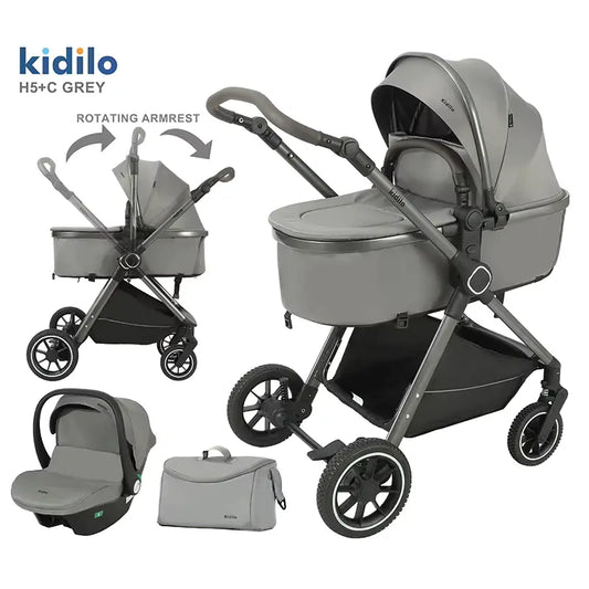 Poussette pour bébé Kidilo 3 en 1 avec siège auto – Gris - Image 1