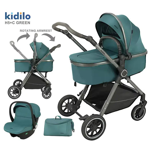 Poussette pour bébé Kidilo 3 en 1 avec siège auto – Vert - Image 1
