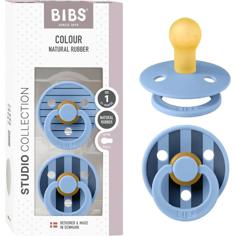 Sucette Bibs Colour Studio Lot de 2 – Ronde, Latex Naturel, Sans BPA – Bleu Ciel - Pin