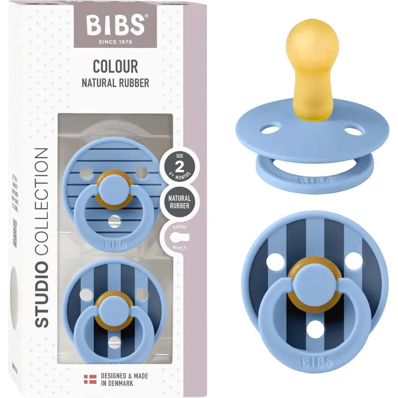 Sucette Bibs Colour Studio Lot de 2 – Ronde, Latex Naturel, Sans BPA – Bleu Ciel - Pin - Image 1