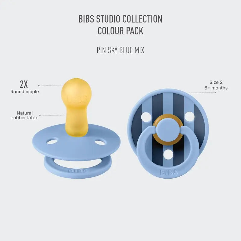 Sucette Bibs Colour Studio Lot de 2 – Ronde, Latex Naturel, Sans BPA – Bleu Ciel - Pin - Image 2
