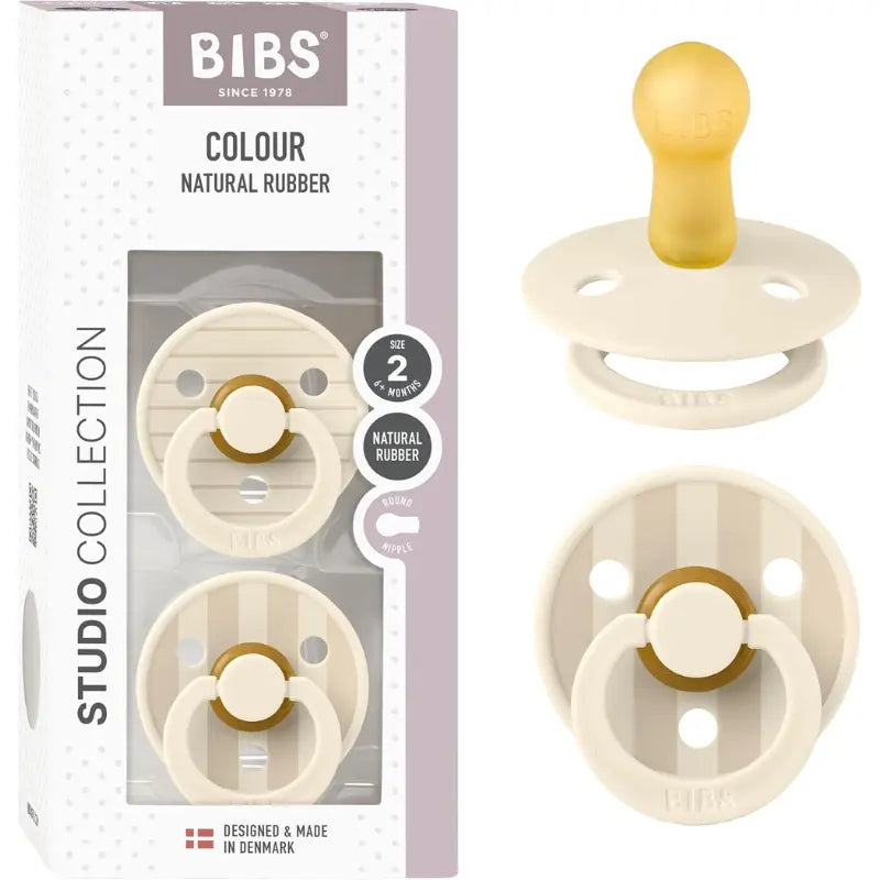 Sucette Bibs Colour Studio Lot de 2 – Ronde, Latex Naturel, Sans BPA – Ivoire, Vanille - Pin