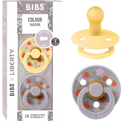 Sucettes BIBS Colour Liberty – Lot de 2, Tétine ronde en latex naturel, sans BPA – Fraises - Crème - Beurre clair