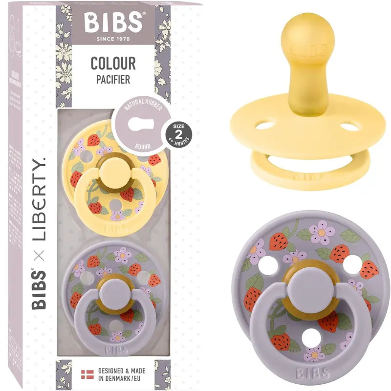 Sucettes BIBS Colour Liberty – Lot de 2, Tétine ronde en latex naturel, sans BPA – Fraises - Crème - Beurre clair