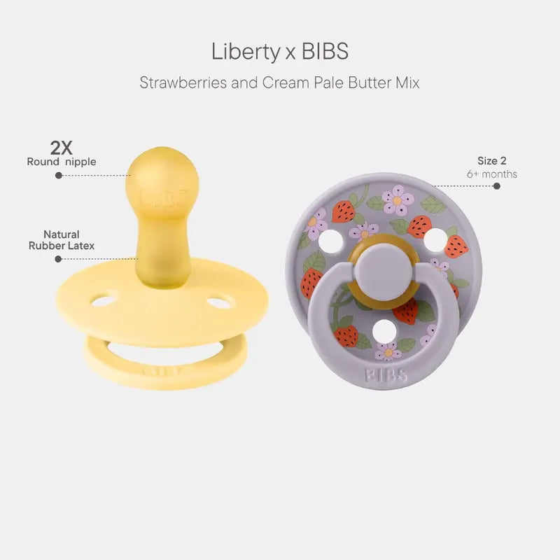 Sucettes BIBS Colour Liberty – Lot de 2, Tétine ronde en latex naturel, sans BPA – Fraises - Crème - Beurre clair - Image 2